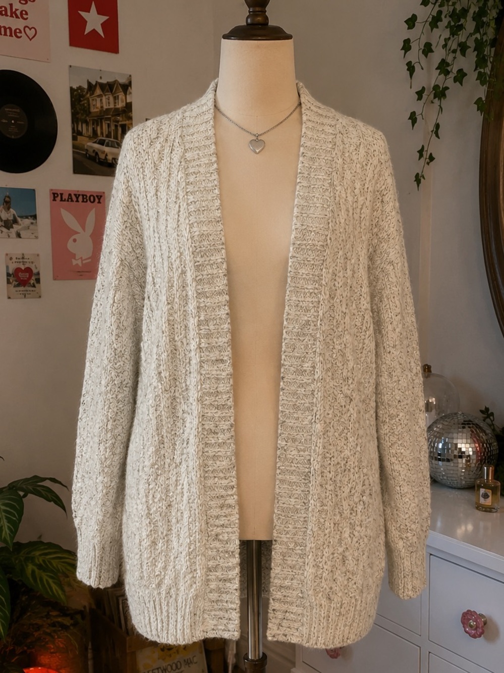 Sympli Cardigan Sweater Fuzzy White & Gray Longer Length Soft Cottagecore Large